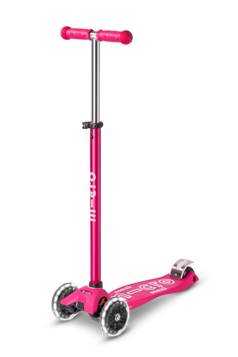 Micro Maxi LED front view showing scooter design and stable three-wheel base for confident rides