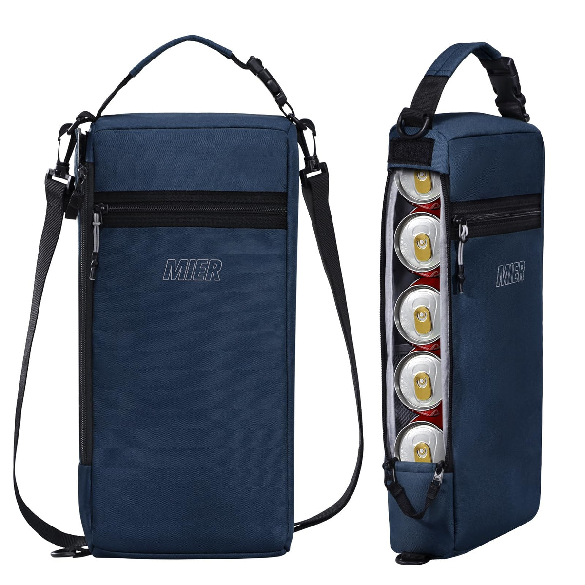 MIER front view of navy cooler bag showing compact design and carry handle benefit