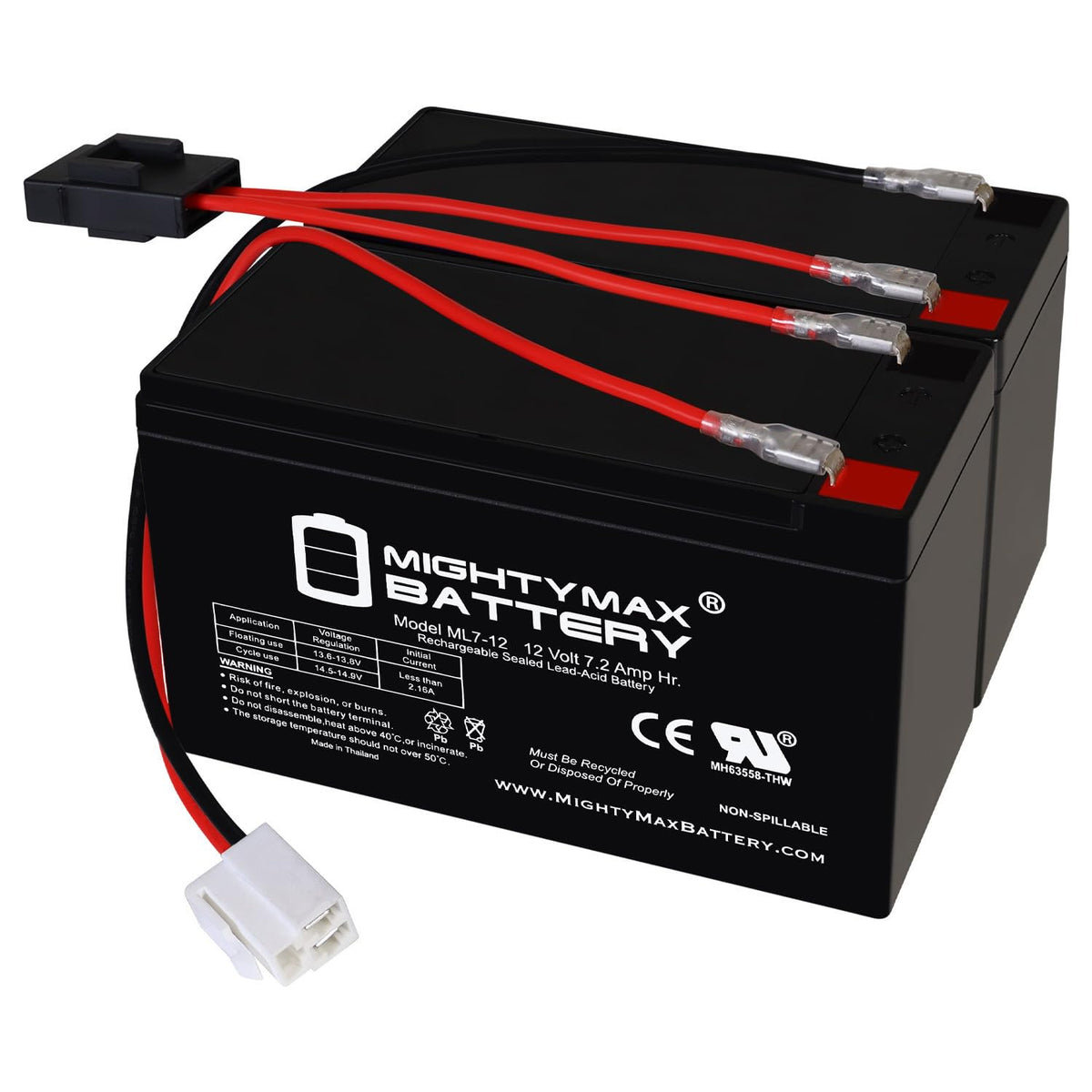 Mighty Max Battery front view of two 12V 7Ah batteries showing ready-to-install pack benefit