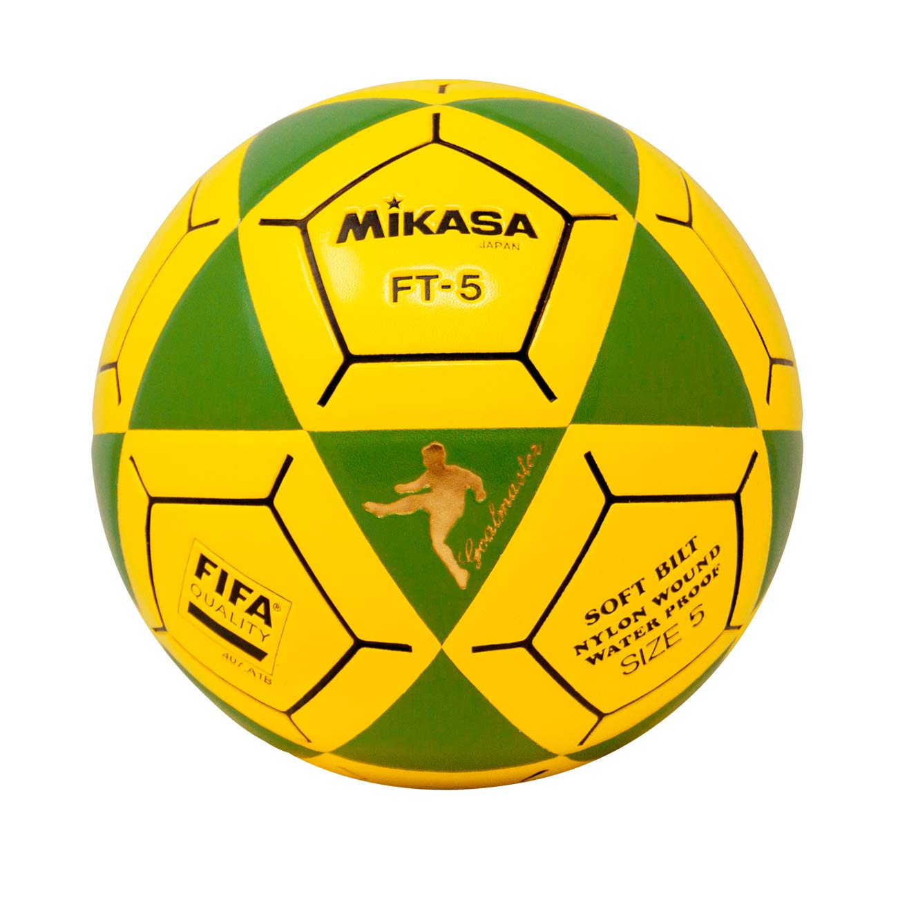 Mikasa FT5 front view showing green-yellow panels and long-lasting playability
