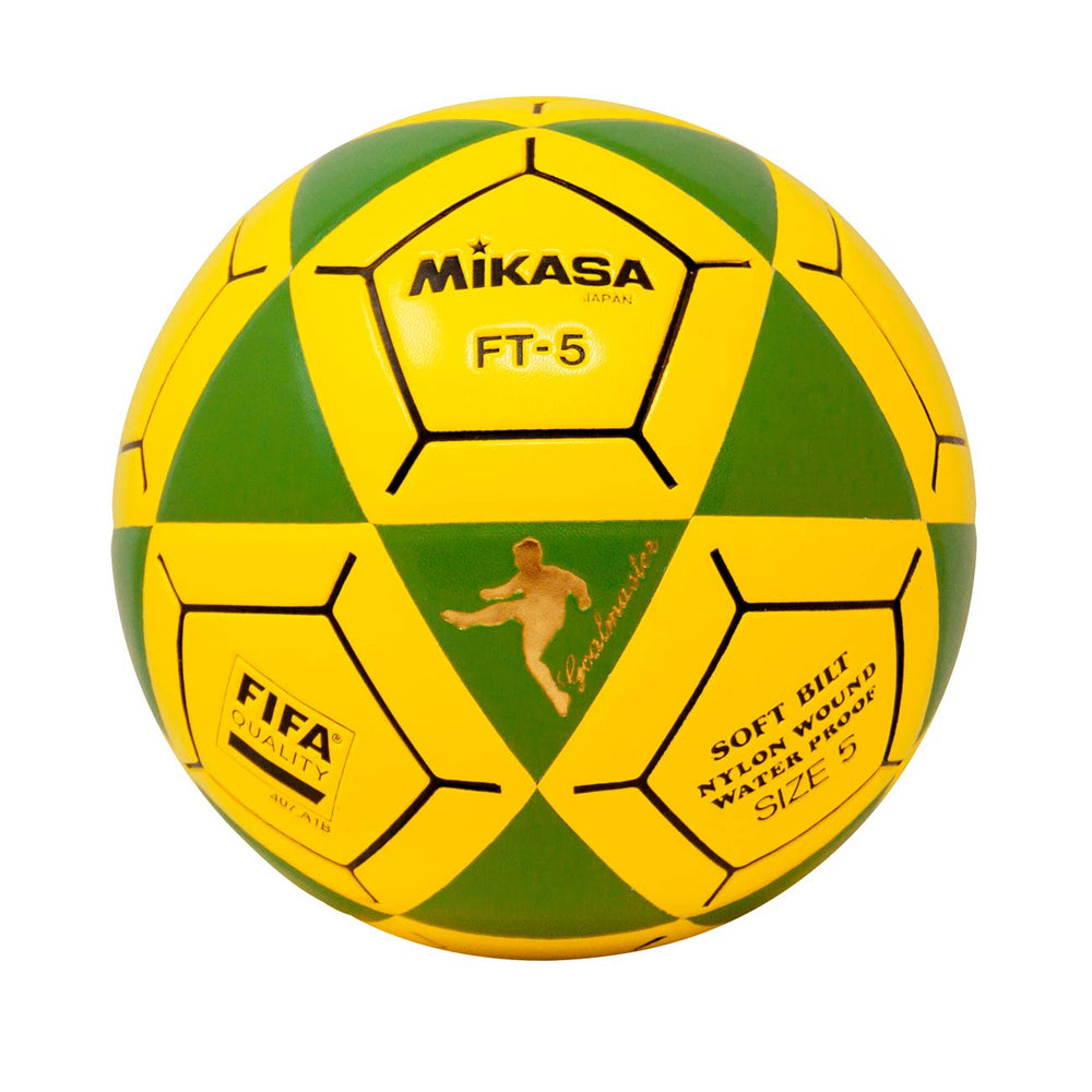 Mikasa FT5 front view showing green-yellow panels and long-lasting playability