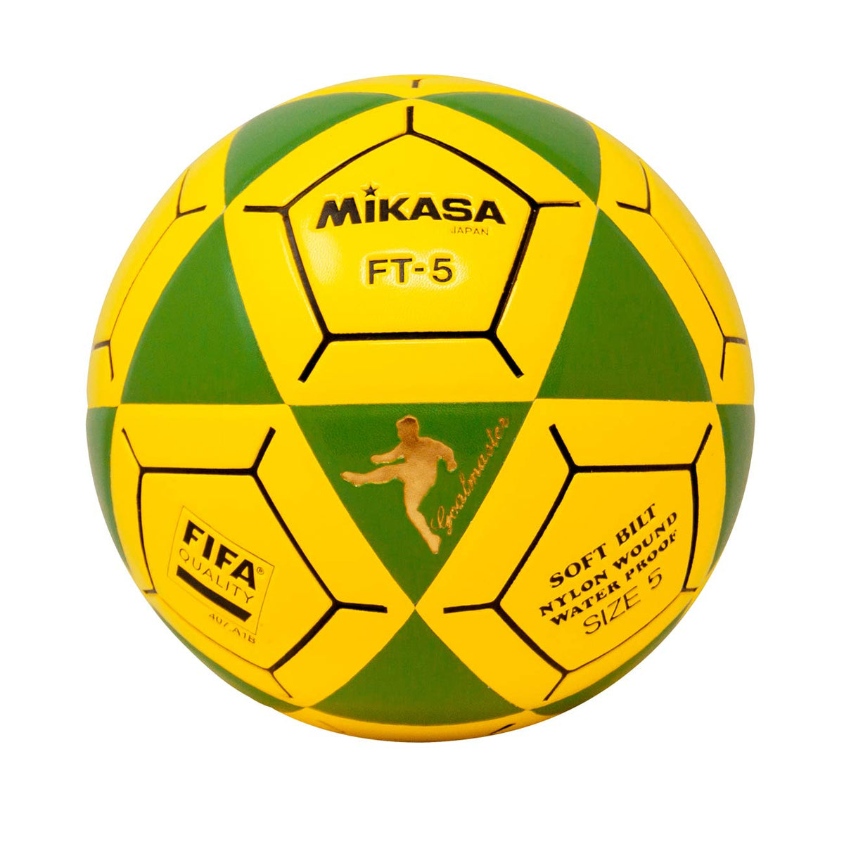 Mikasa FT5 front view showing green-yellow panels and long-lasting playability