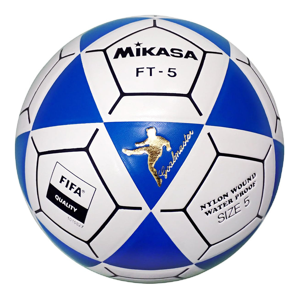 Mikasa Goal Master front view showing blue-white panels and FIFA quality stamp for reliable play