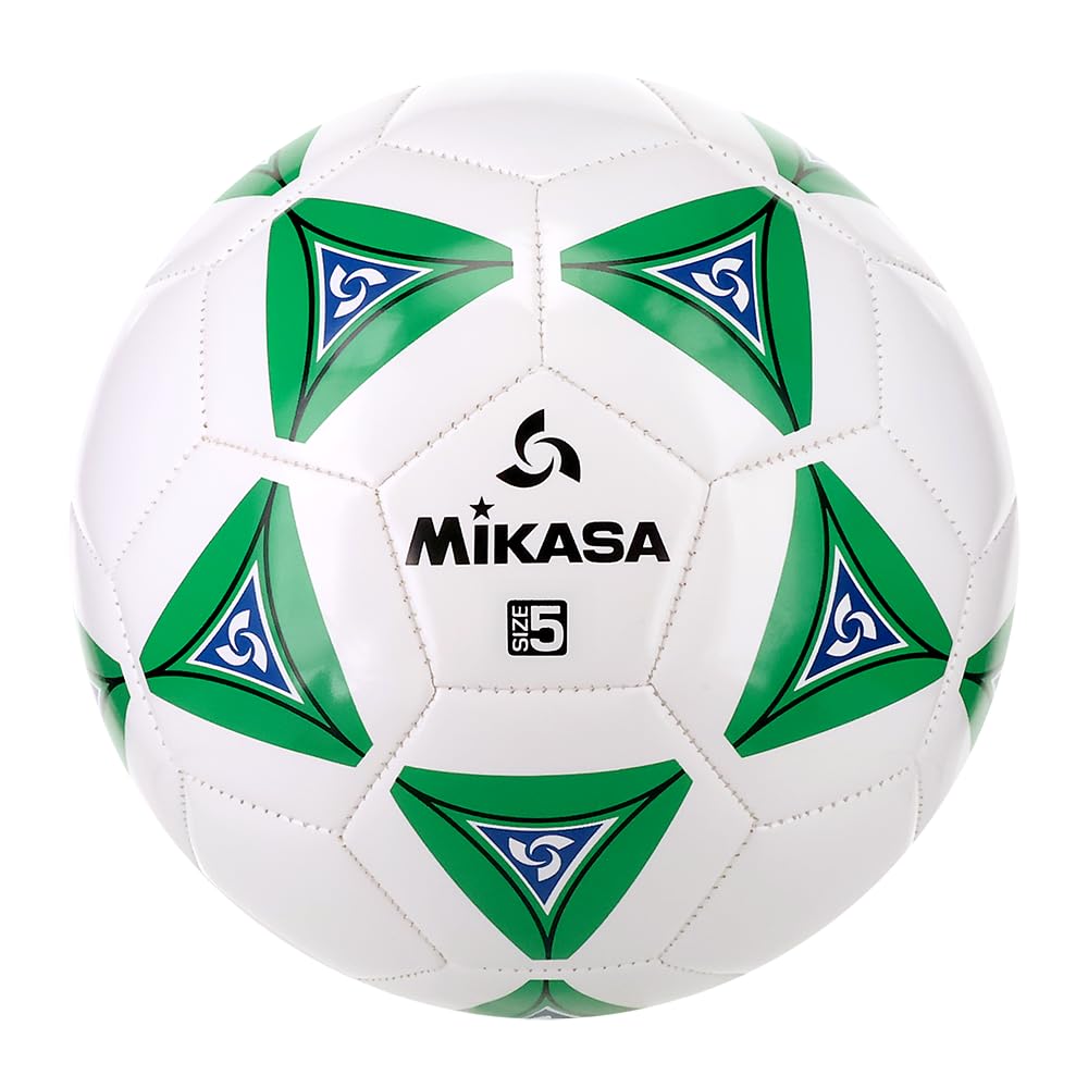 Mikasa serious soccer ball front view showing green white panels and clear markings for visibility