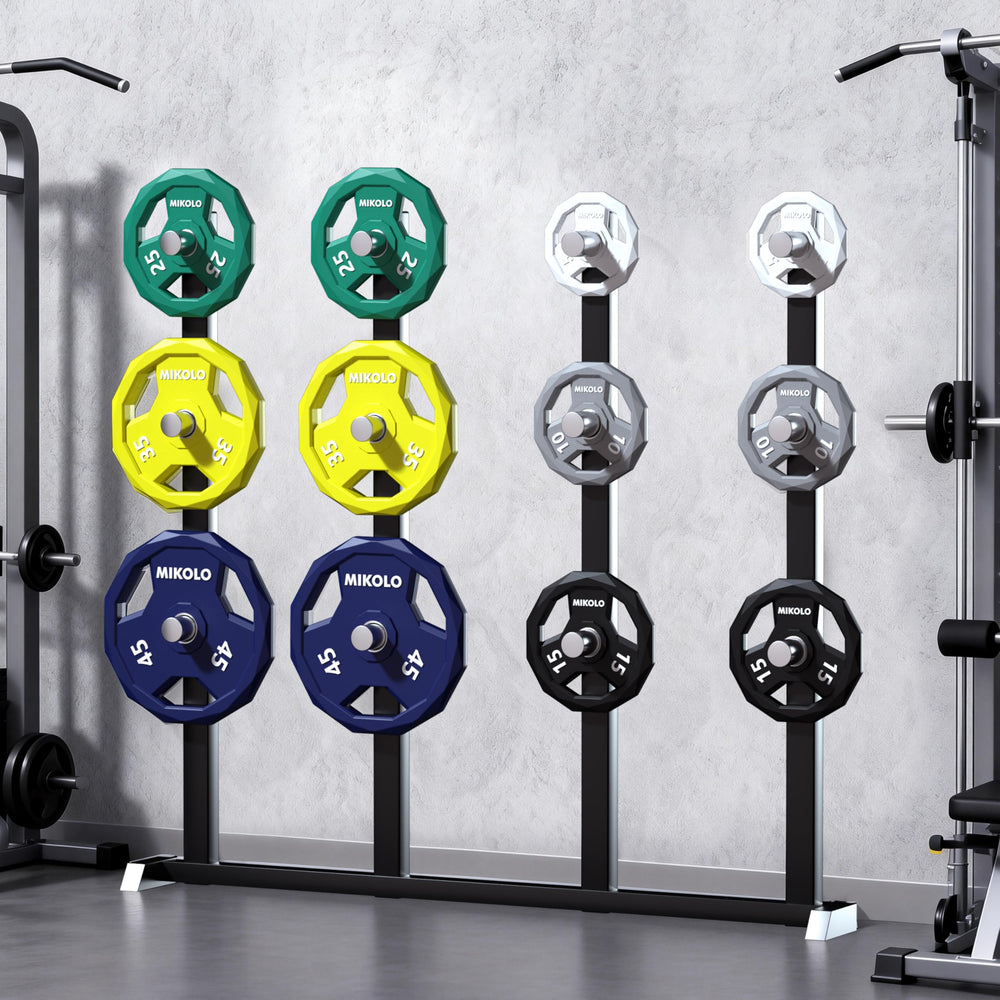 Mikolo home gym setup with plates on rack creating quiet, polished workout space