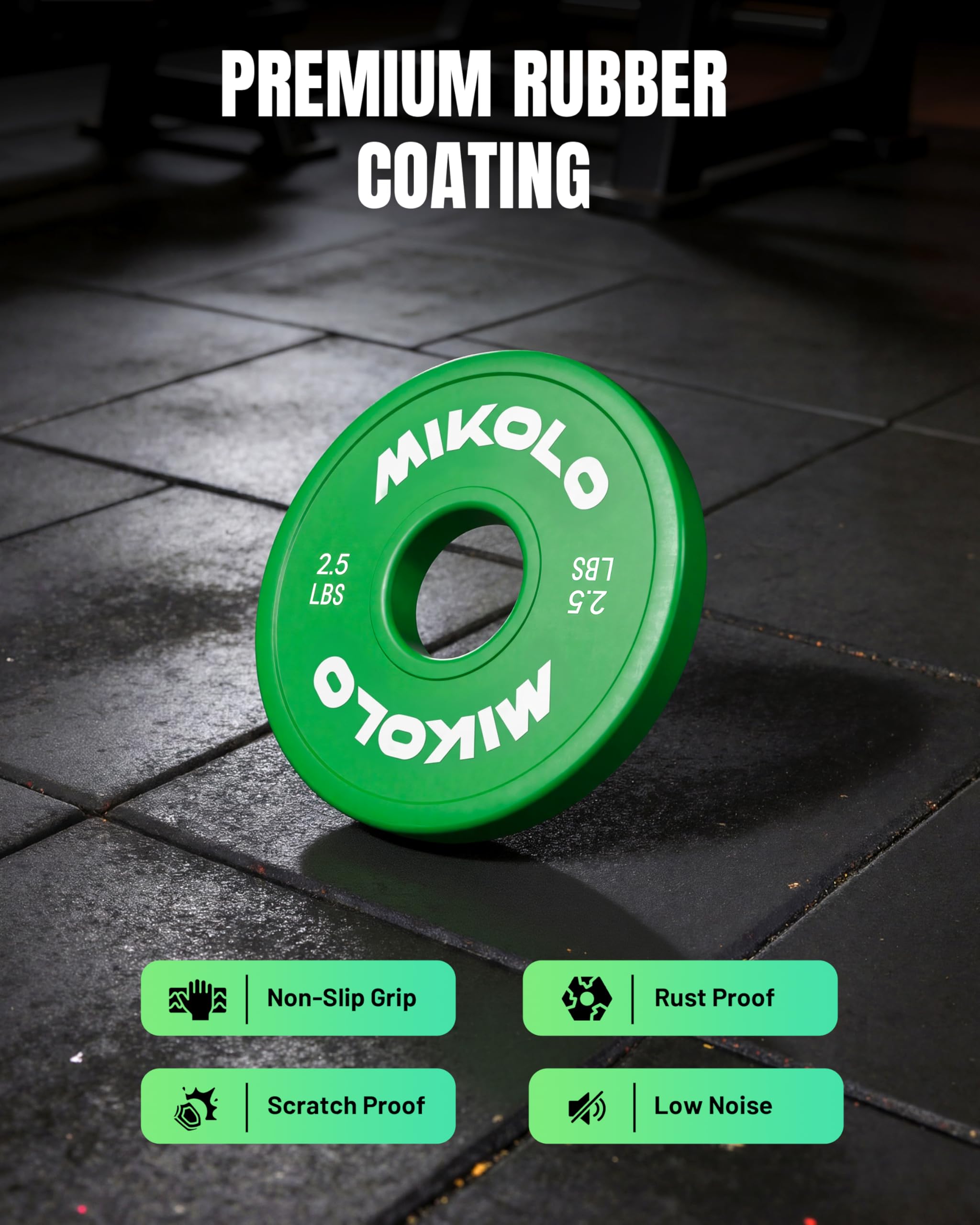 Mikolo plates loaded on an Olympic bar demonstrating secure fit and quiet use
