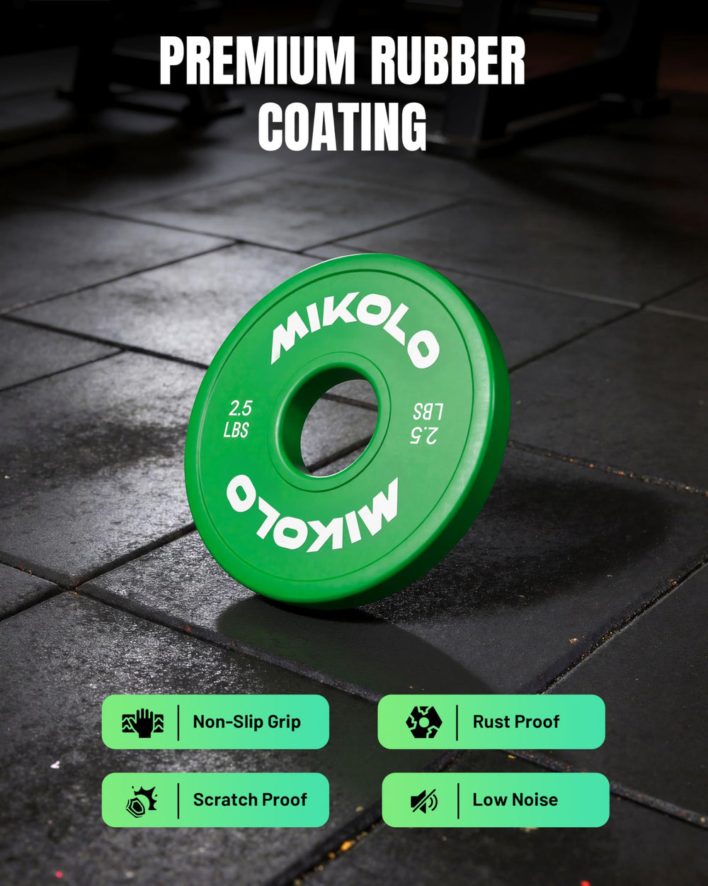 Mikolo plates loaded on an Olympic bar demonstrating secure fit and quiet use