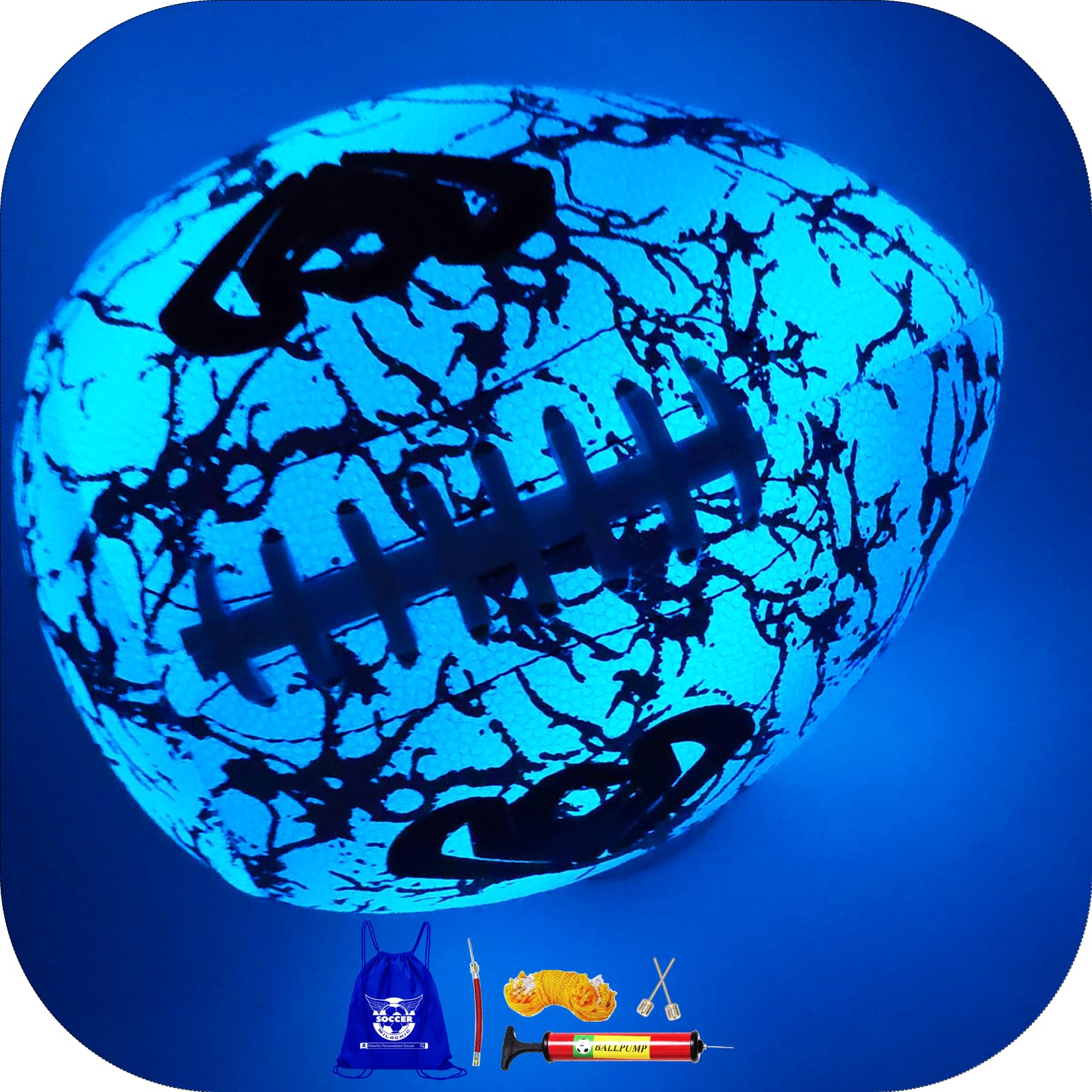 MILACHIC front view of glow football showing holographic design and clear branding for visibility