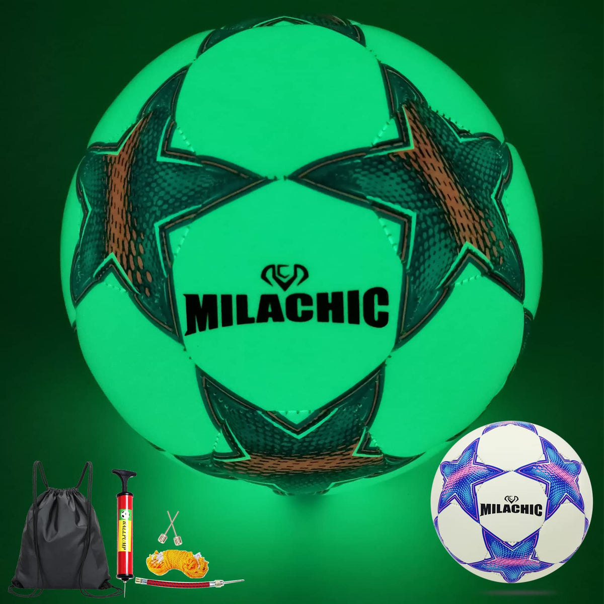 MILACHIC front view of size 3 glowing soccer ball, clear visibility benefit