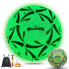 MILACHIC front view of luminous green ball showing logo and glow for visibility