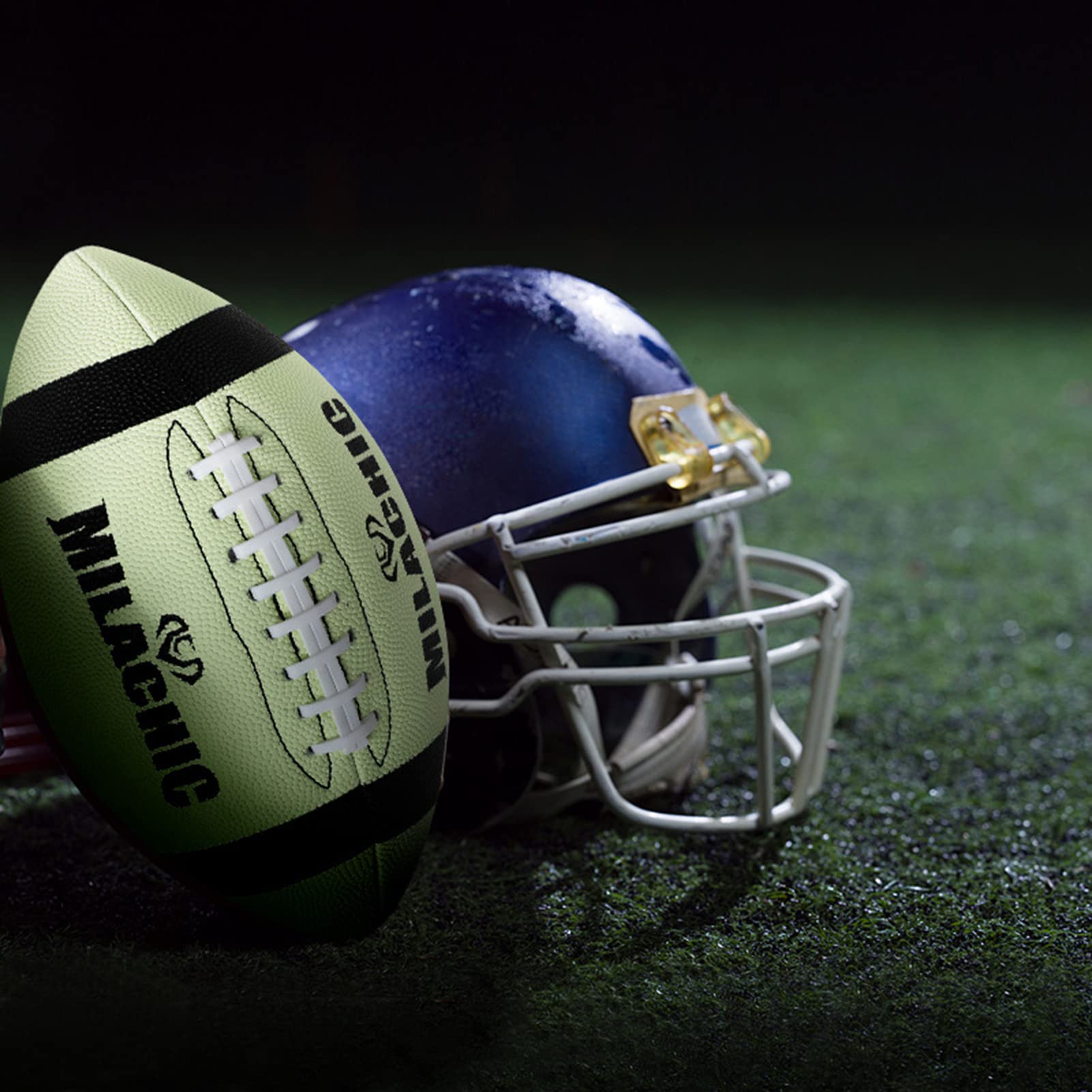 MILACHIC glowing football in night game demonstrating high visibility during play