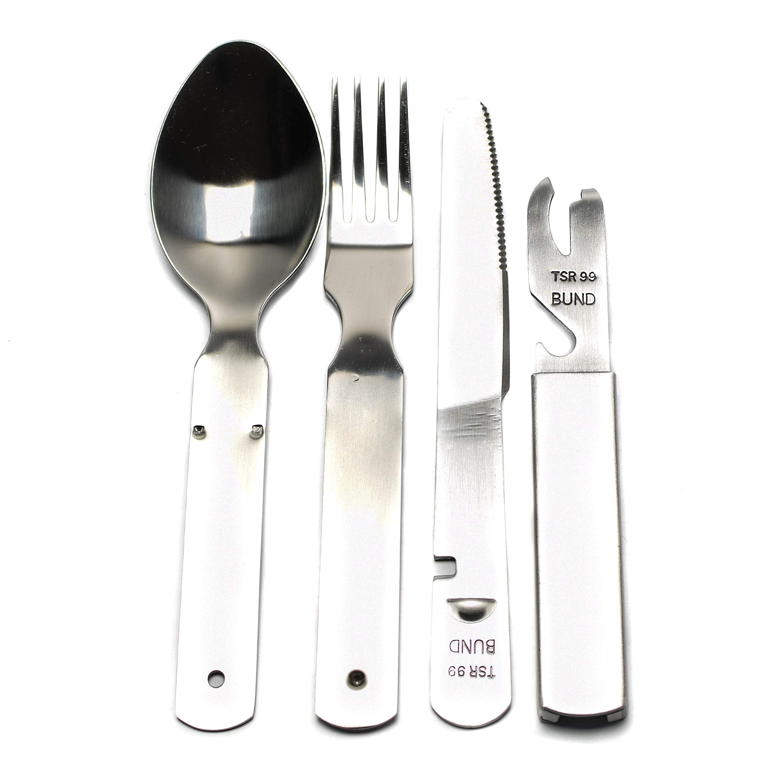 Militar cutlery front view showing compact stacked multi-tool and portability benefit