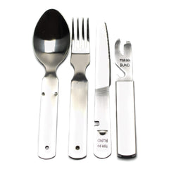 Militar cutlery front view showing compact stacked multi-tool and portability benefit