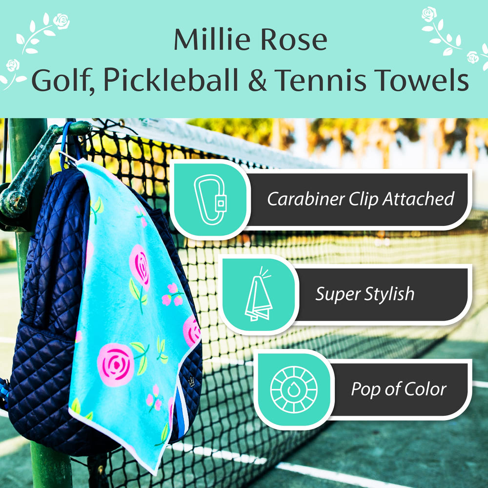 Millie Rose towel folded in branded zipper bag for neat gifting benefit