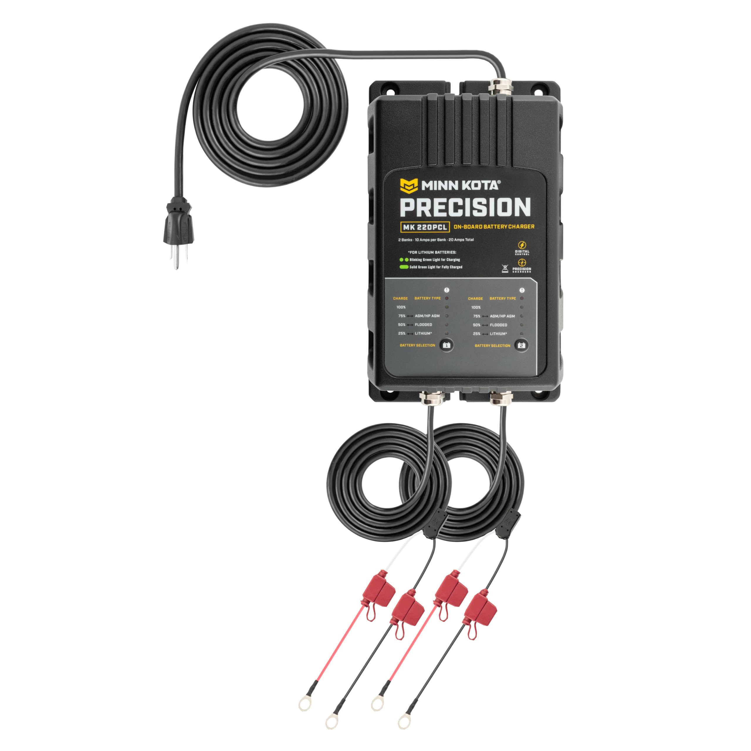 Minn Kota close-up LED indicators for precise charge status and easy monitoring