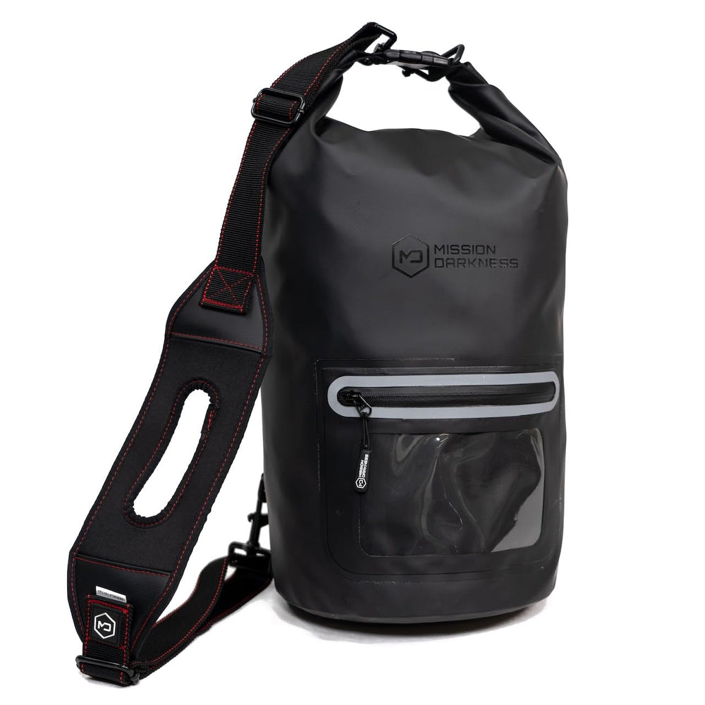 Mission Darkness front view of tote showing waterproof design and secure carry