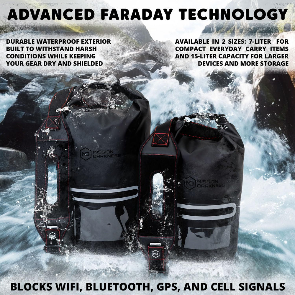 Mission Darkness tote beside water bottle showing 15L capacity scale