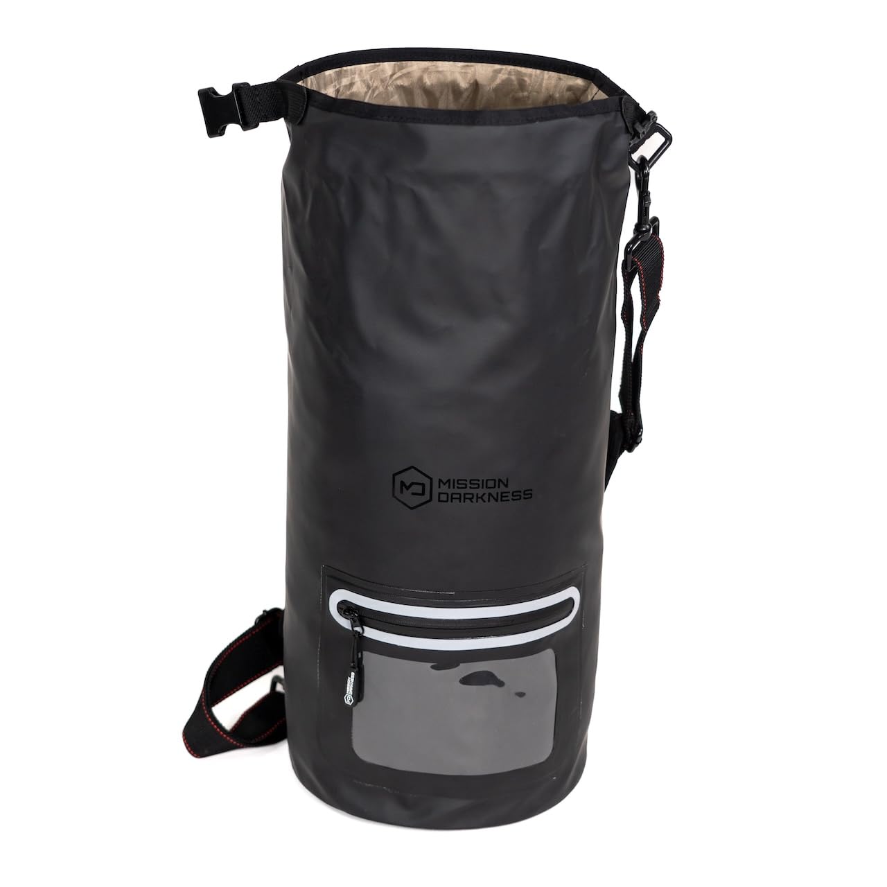 Mission Darkness tote in rain scene showing weatherproof protection benefit