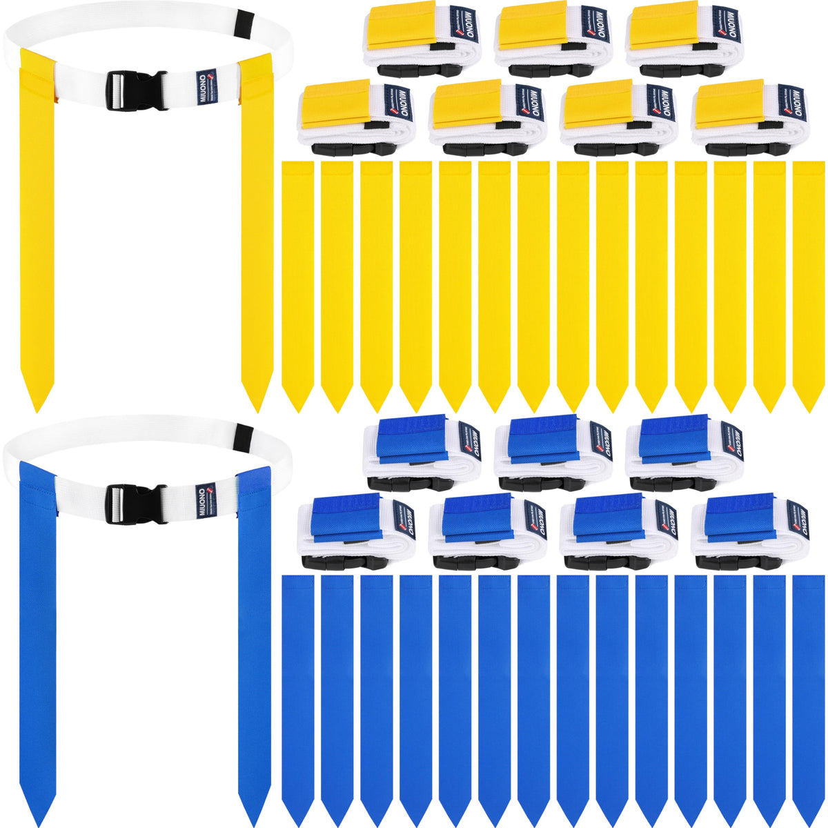 MIUONO front packaging showing full 14-piece flag football kit for quick setup
