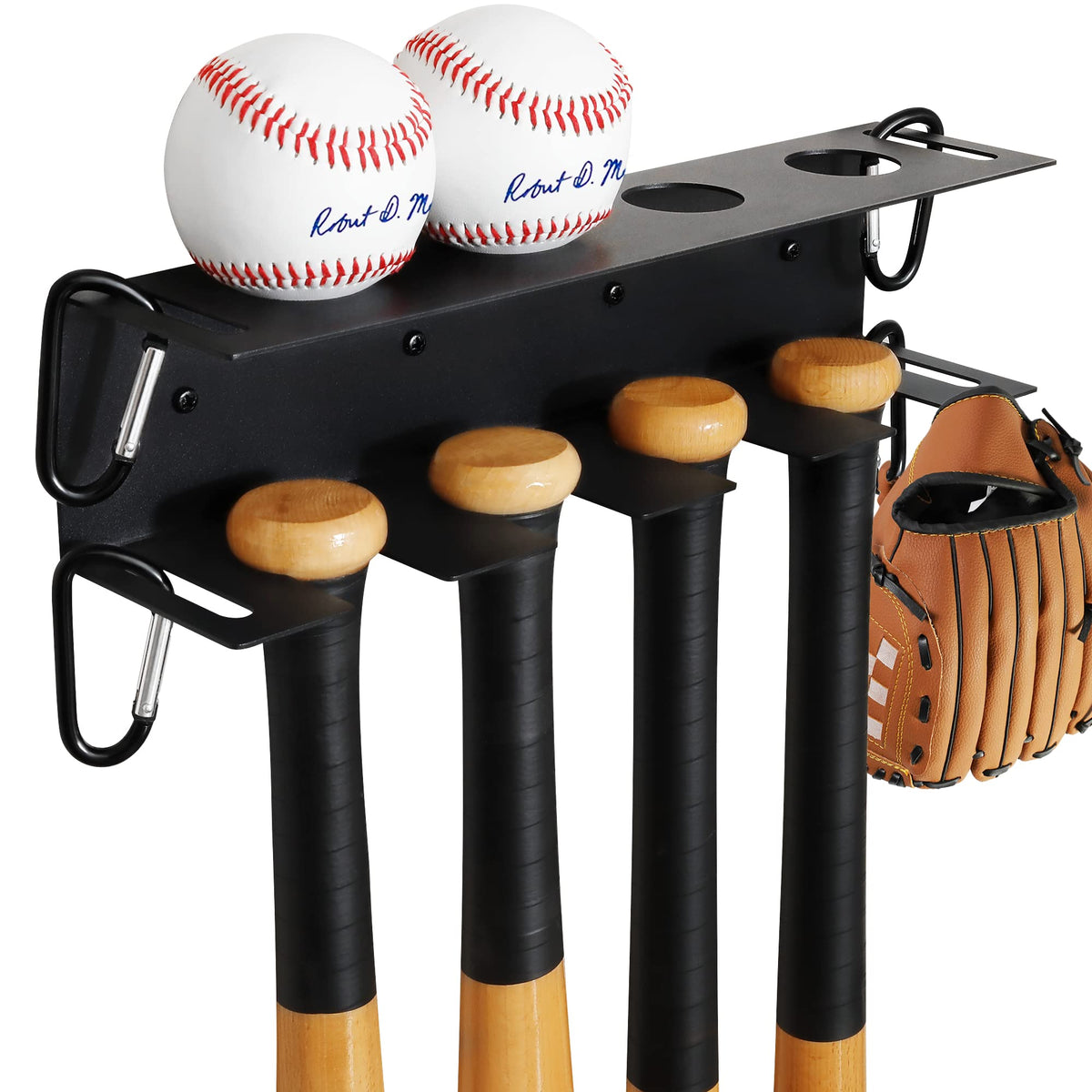 MIUONO front view of rack mounted holding bats and balls for organized storage