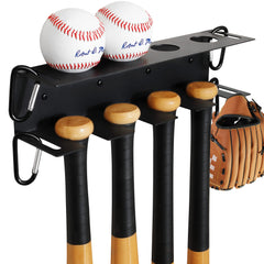 MIUONO front view of rack mounted holding bats and balls for organized storage