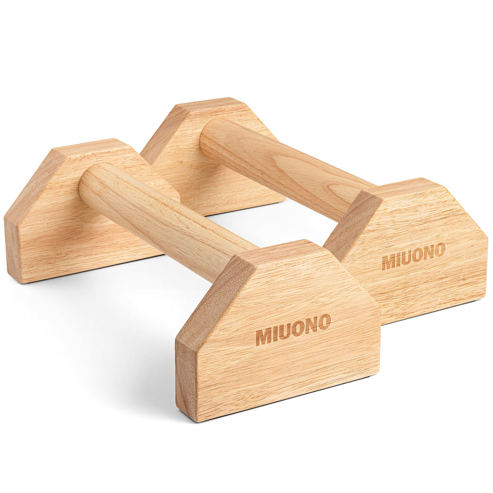 MIUONO front view oak parallettes showing compact stable design for home workouts