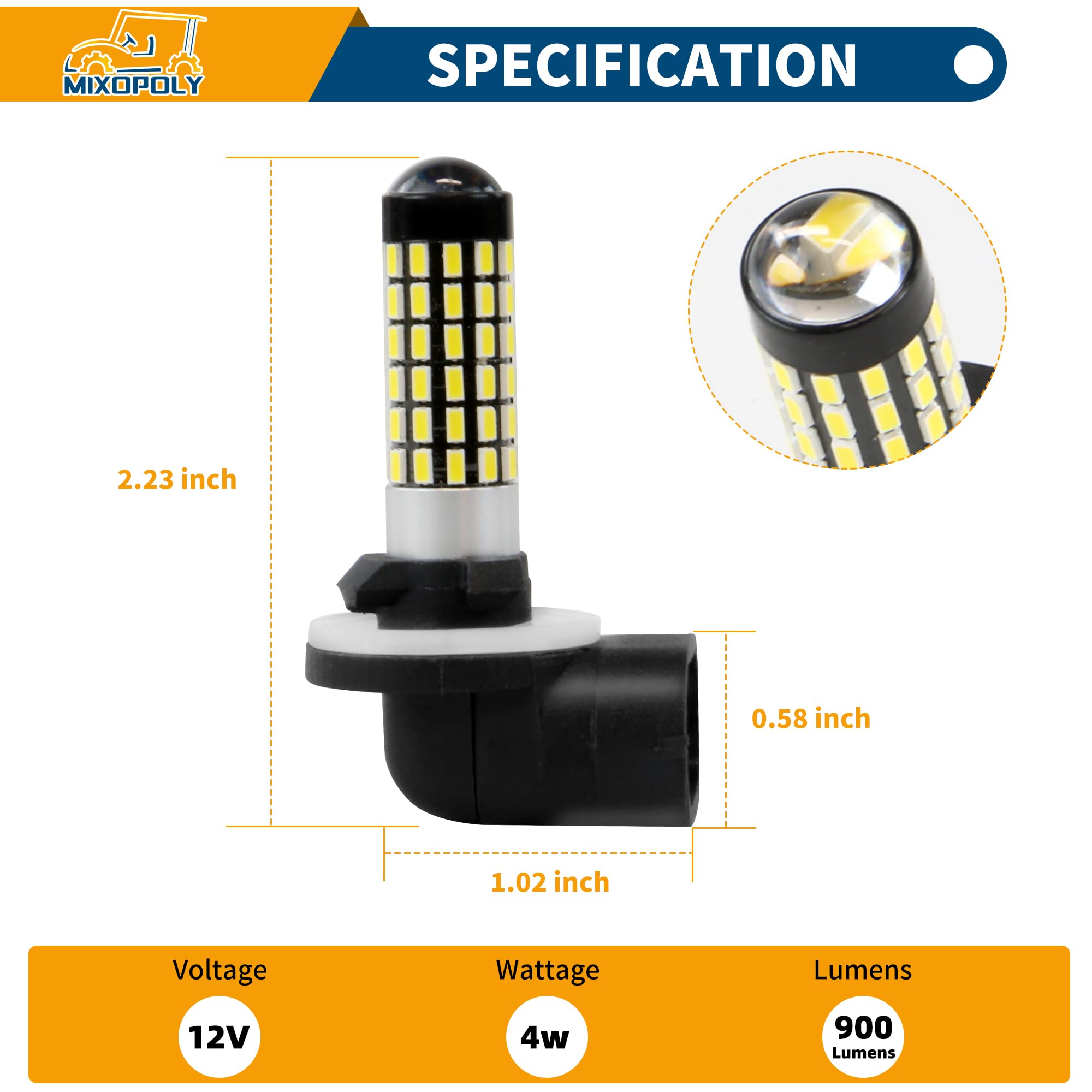 Mixopoly bulbs illuminating a golf cart at night showing brighter safer visibility benefit