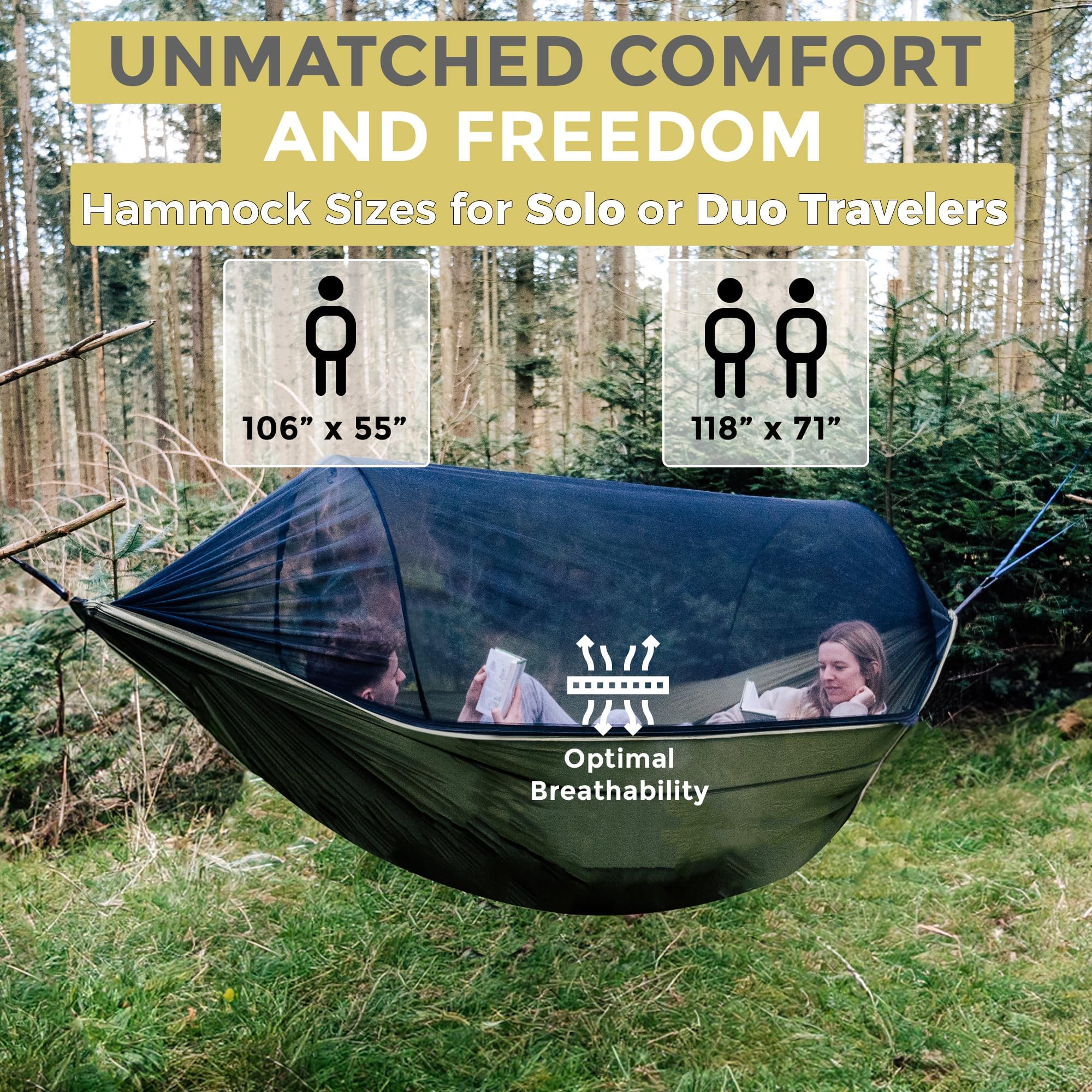 MIZTLI hammock hung at campsite demonstrating comfortable relaxation