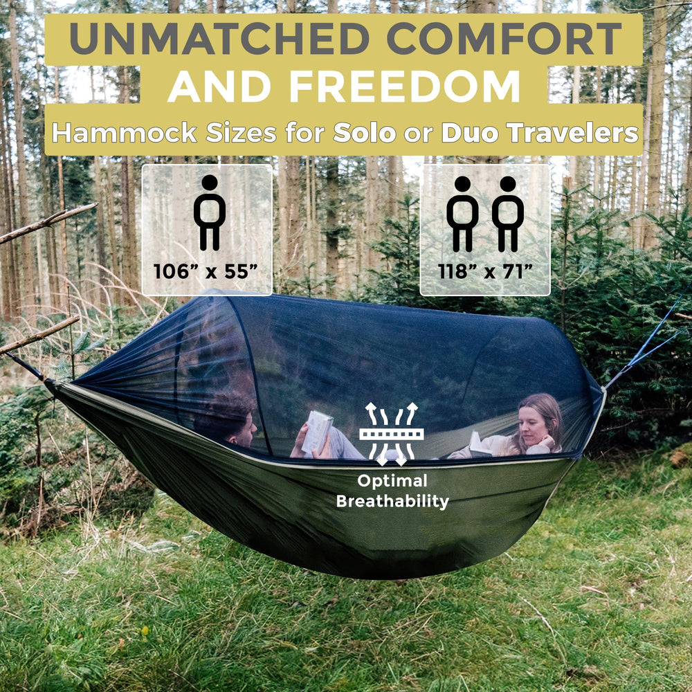 MIZTLI hammock hung at campsite demonstrating comfortable relaxation