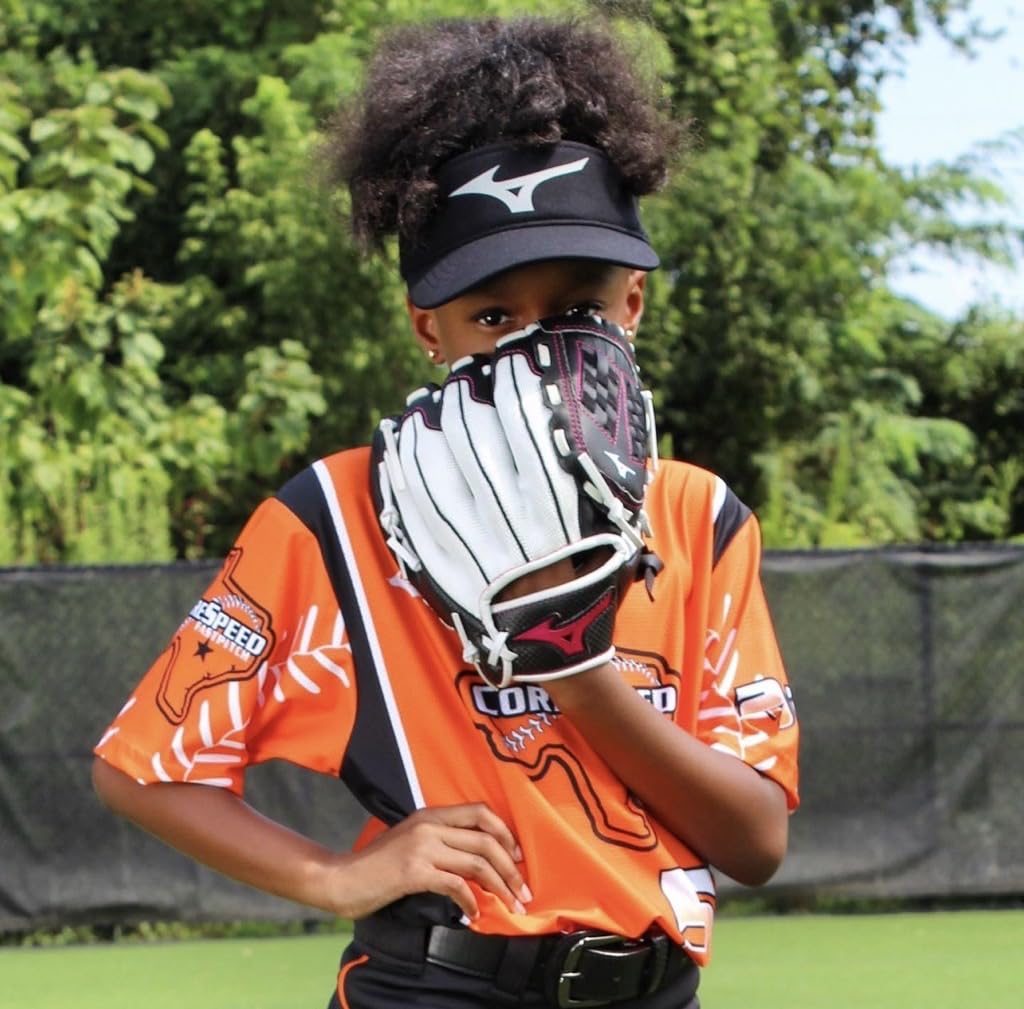 Mizuno glove with hand for scale demonstrating 11.5 inch youth-appropriate size