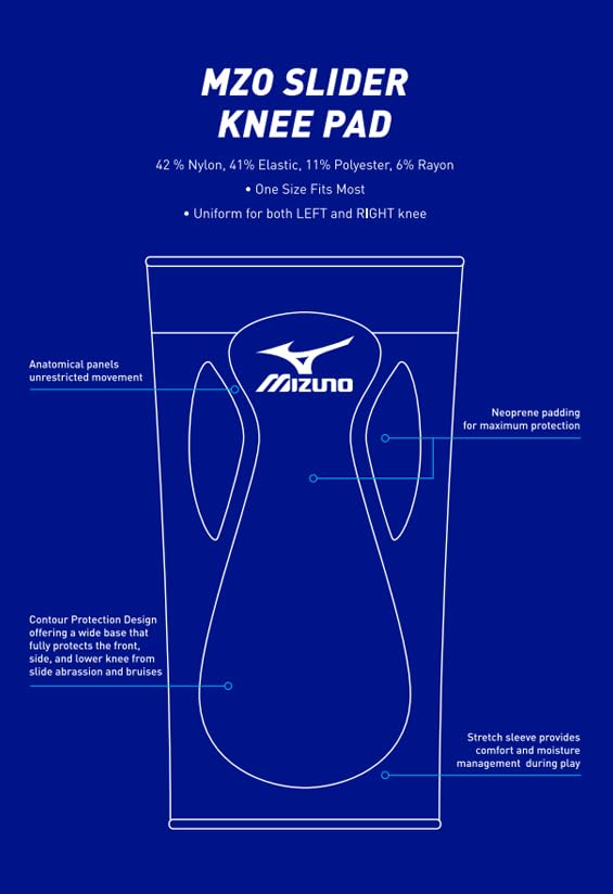 Mizuno Slider kneepad packaged with dimensions listed for travel convenience