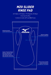 Mizuno Slider kneepad packaged with dimensions listed for travel convenience