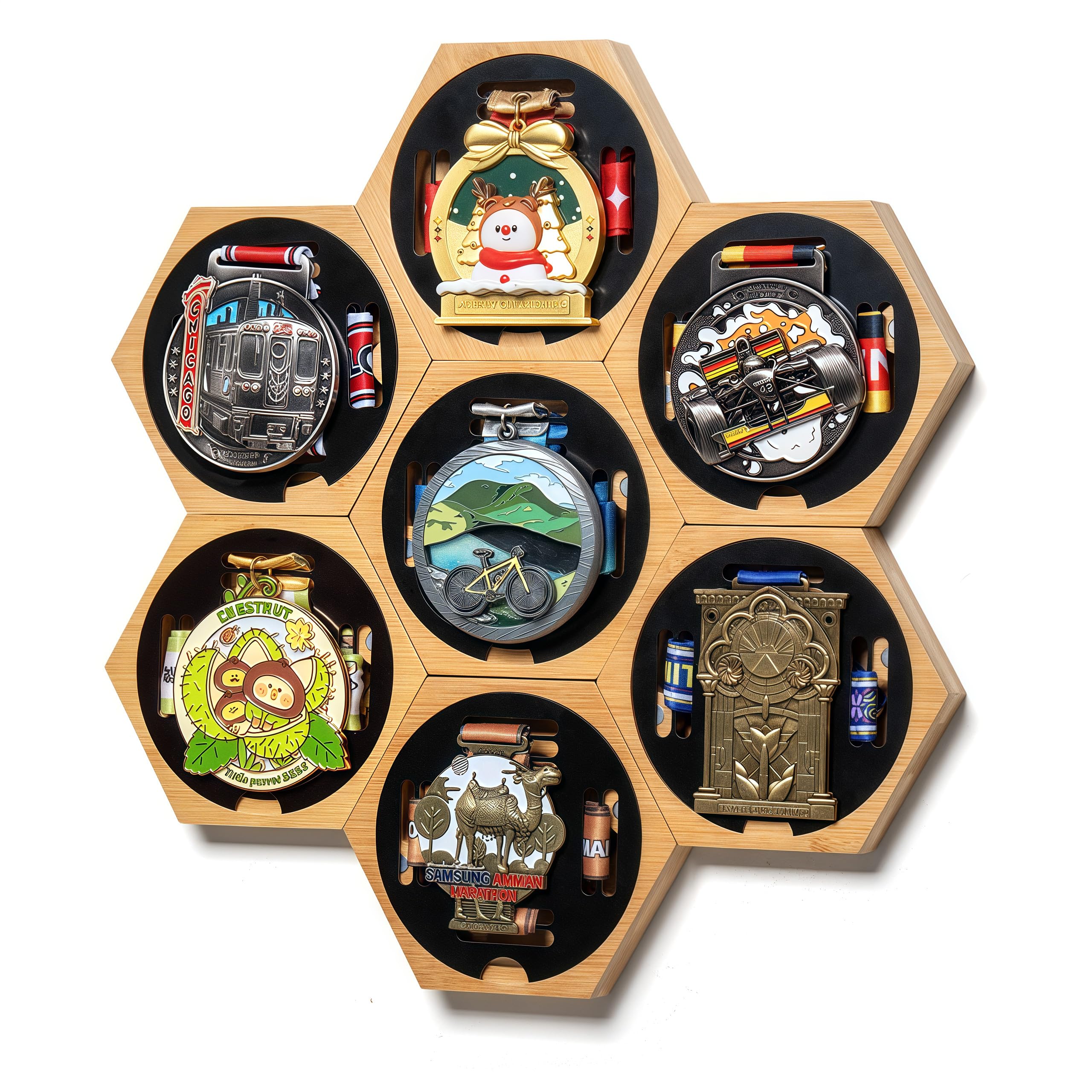 MLCLL front view of honeycomb medal hanger showing neat medal display benefit