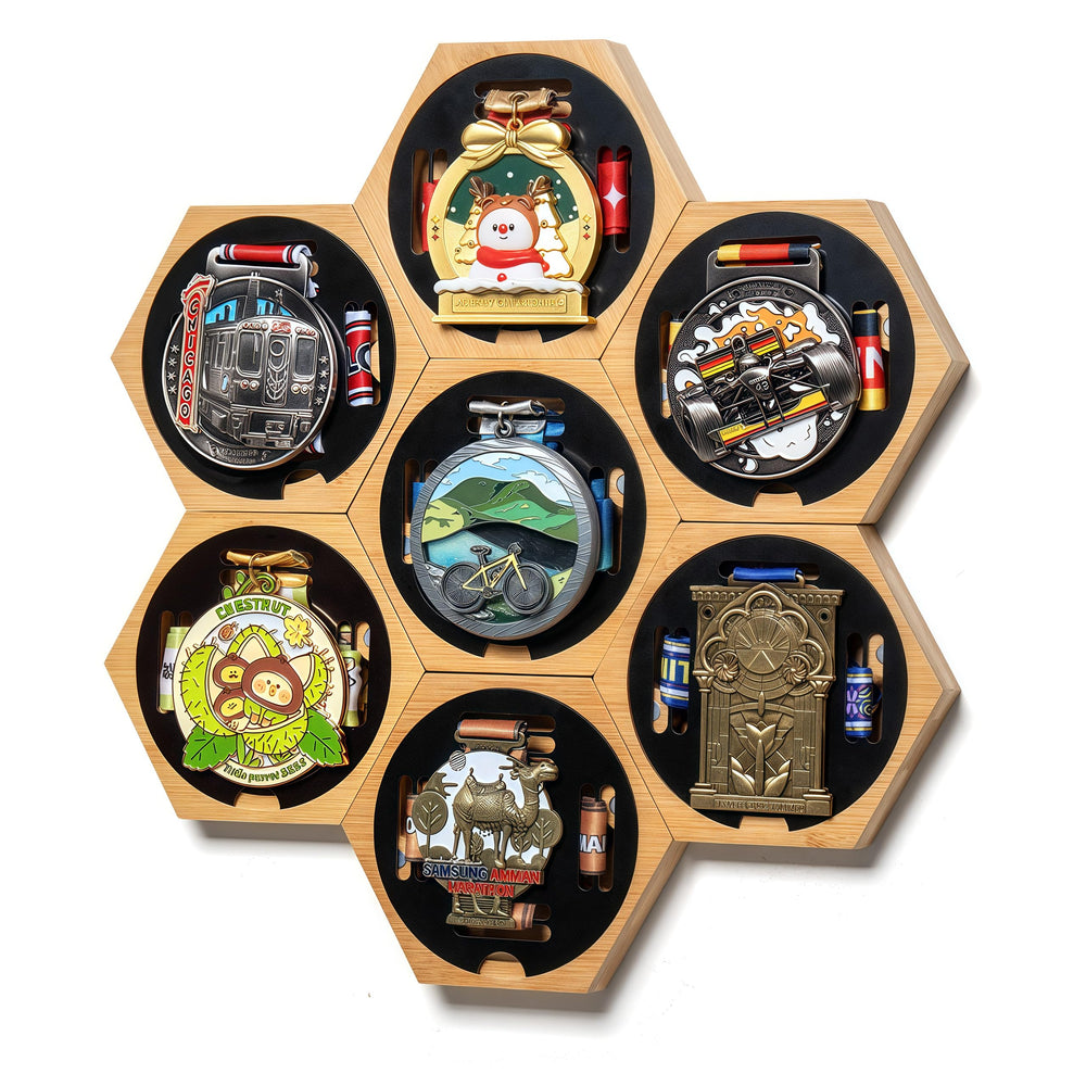 MLCLL front view of honeycomb medal hanger showing neat medal display benefit