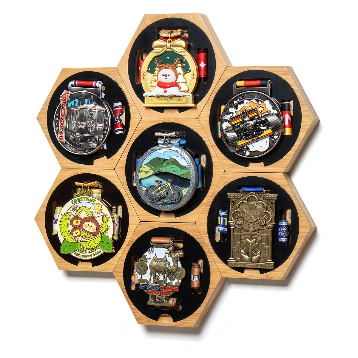 MLCLL front view of honeycomb medal hanger showing neat medal display benefit