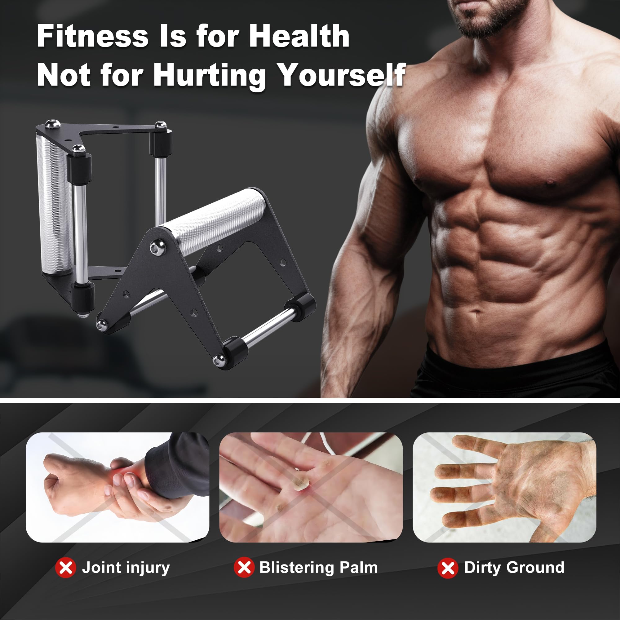 Mochantum push up bars next to water bottle for clear size and scale guidance