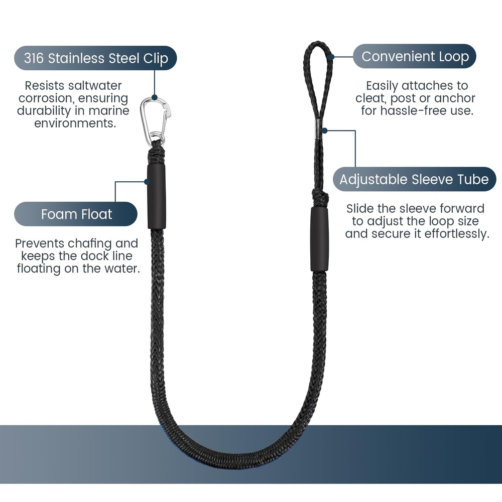 Moclear dock line in use securing a jet ski quickly and reducing shock from waves