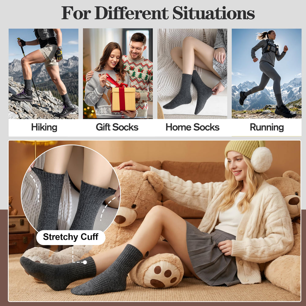 MOGGEI socks in cabin scene showing cozy comfort and style