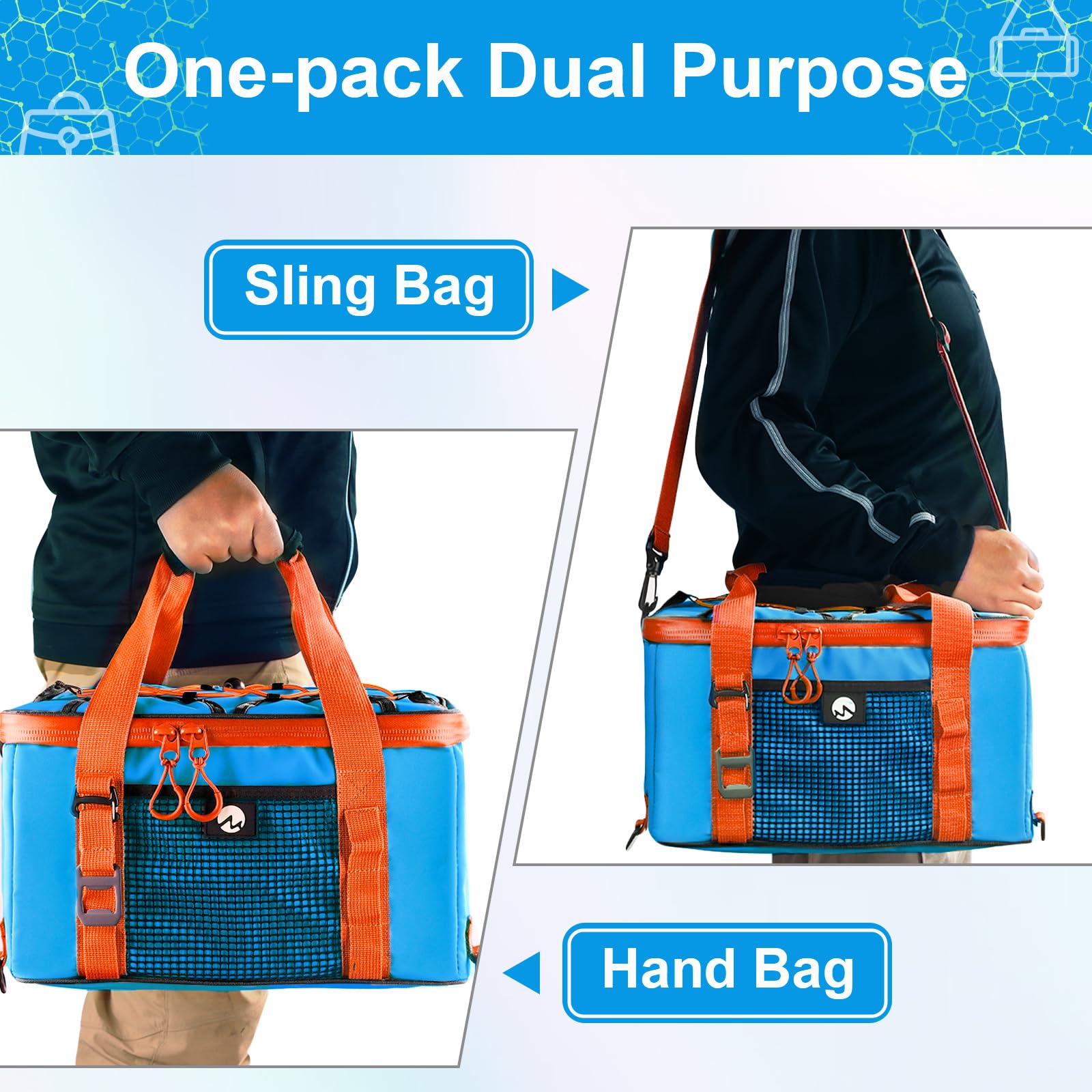 MoiShow size comparison with bottles and fruit showing 27L capacity benefit