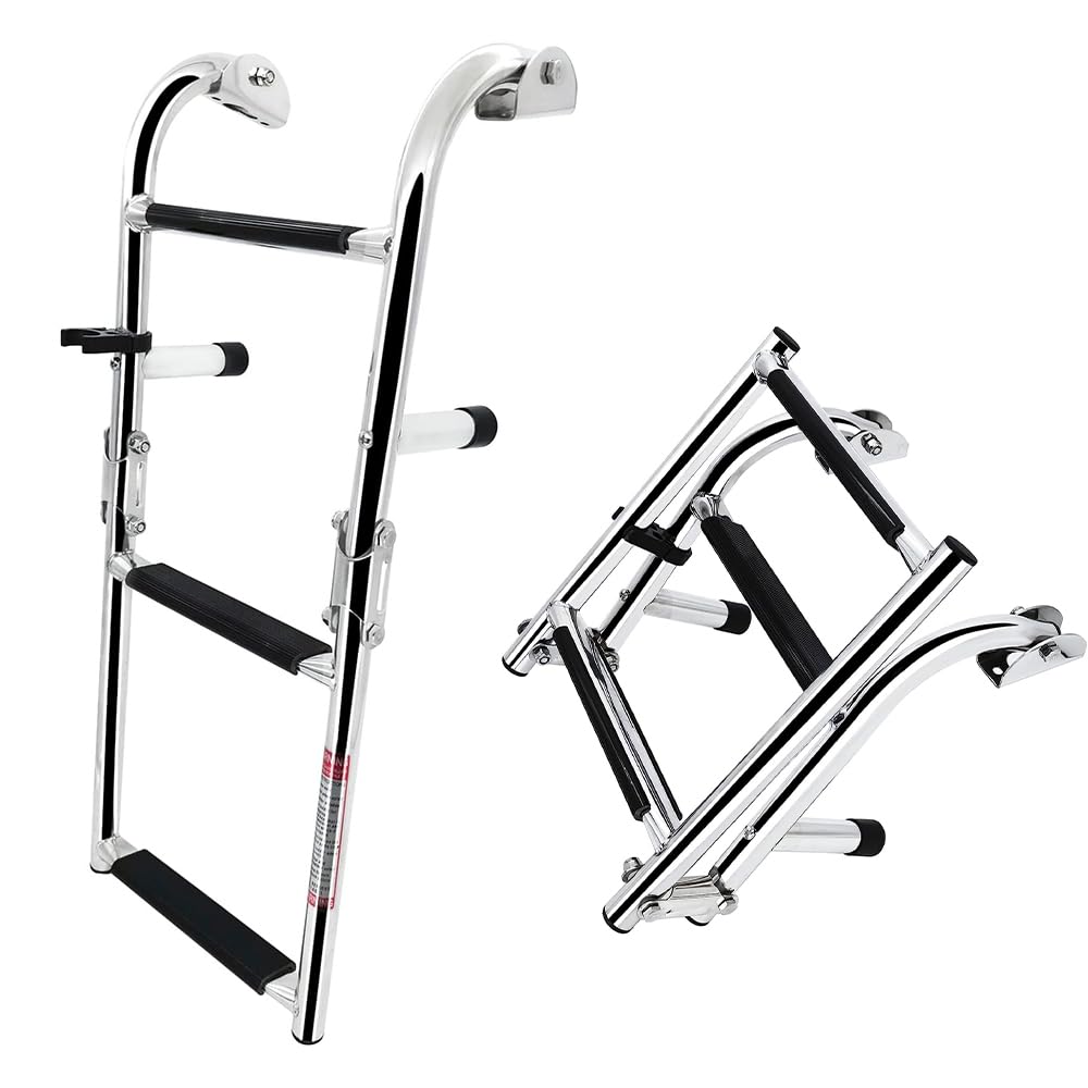 Mojiate front view of ladder showing full three-step frame and benefits
