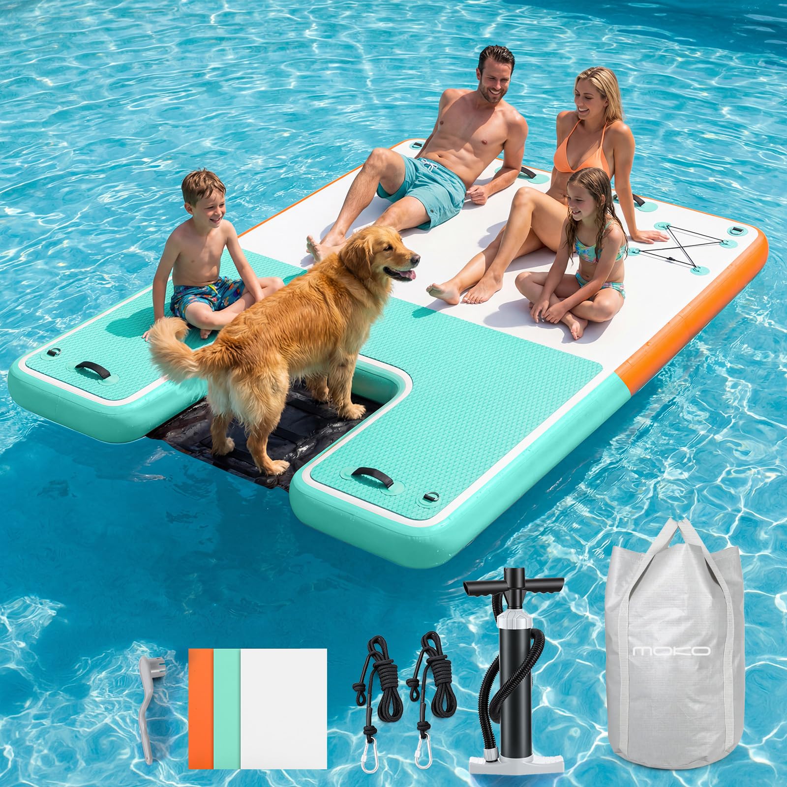 MoKo floating dock front view showing full platform and ramp, ready for families