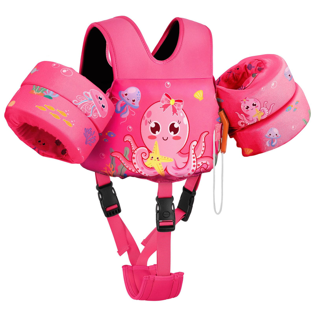 MoKo front view of toddler swim vest showing animal print and secure buckles for safe play