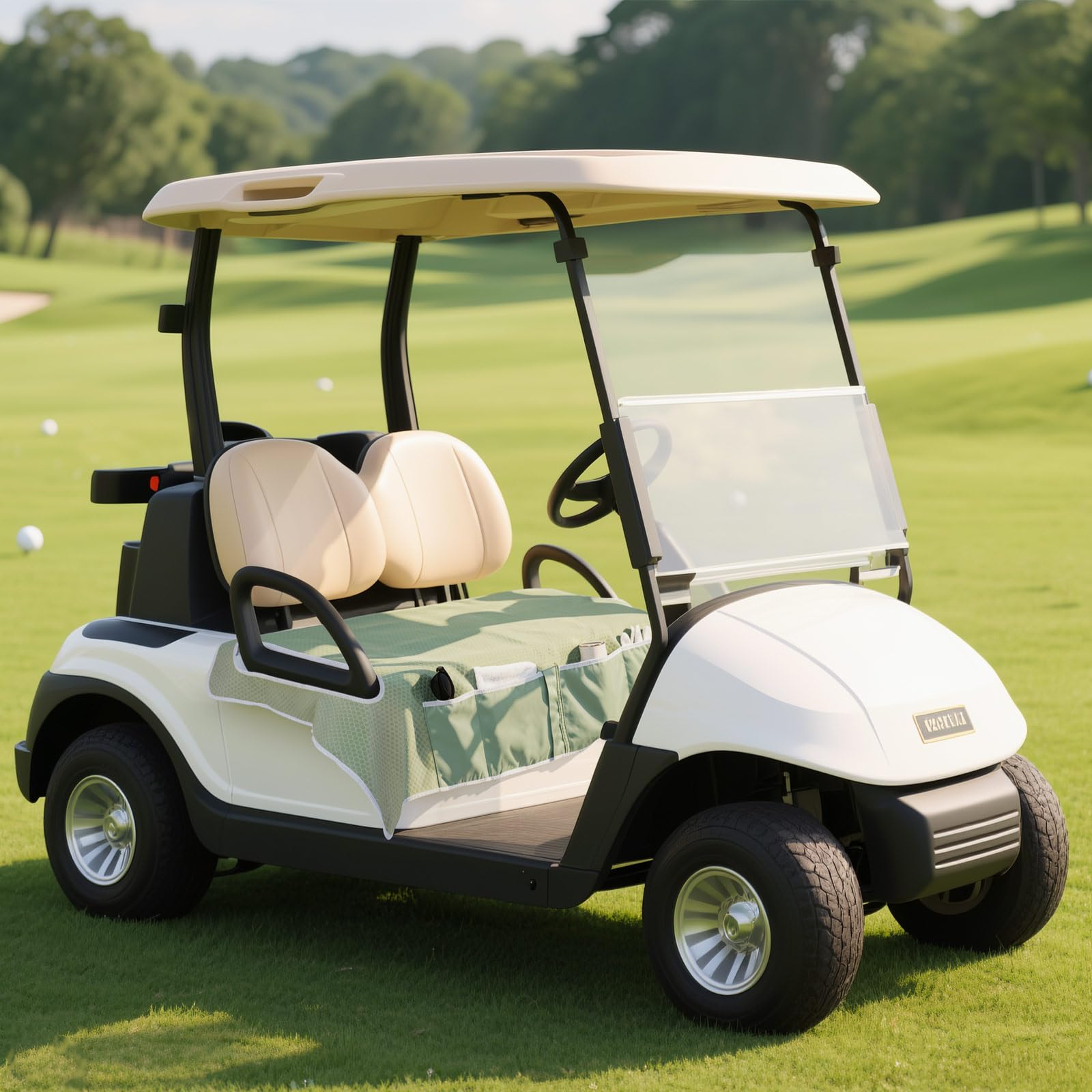MoKo cover on a cart at a golf course lifestyle scene adding style and seat protection