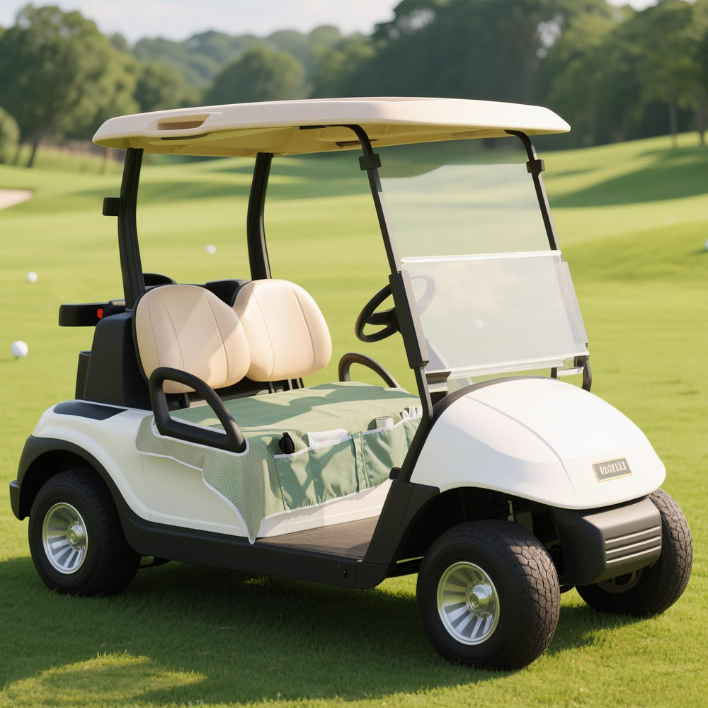 MoKo cover on a cart at a golf course lifestyle scene adding style and seat protection