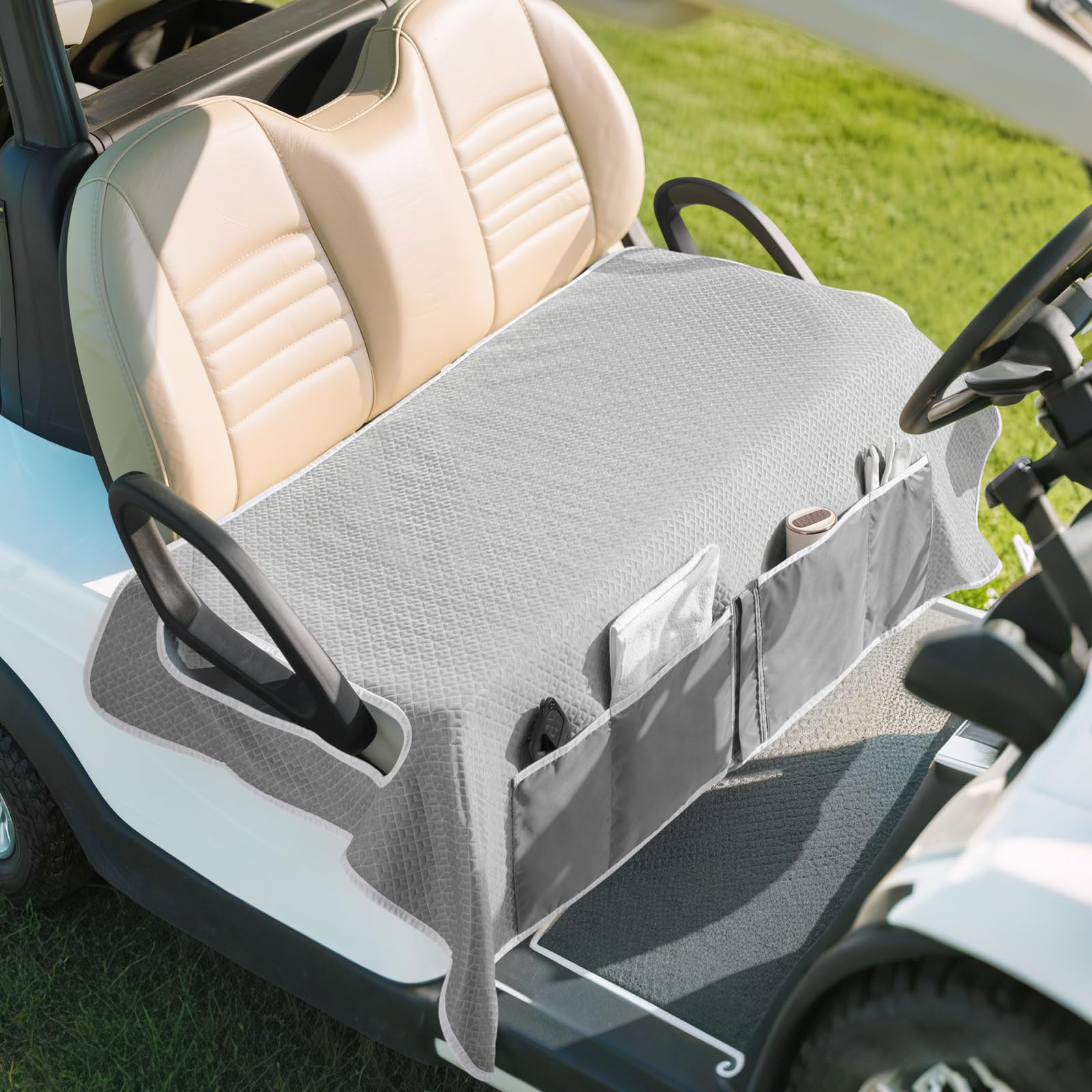 MoKo front view of gray seat cover showing full bench protection and style