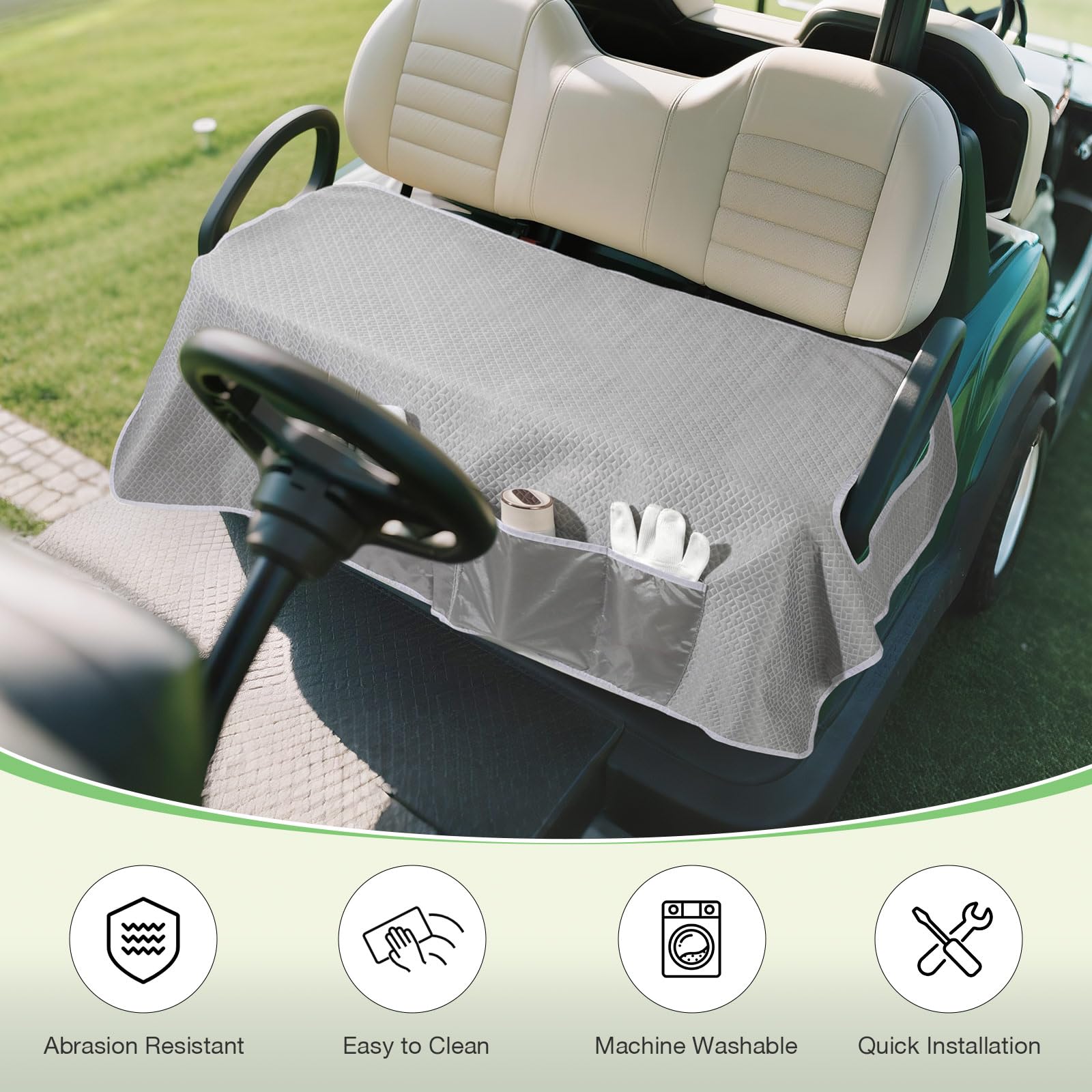 MoKo seat cover installed on a golf cart providing organized storage and comfort