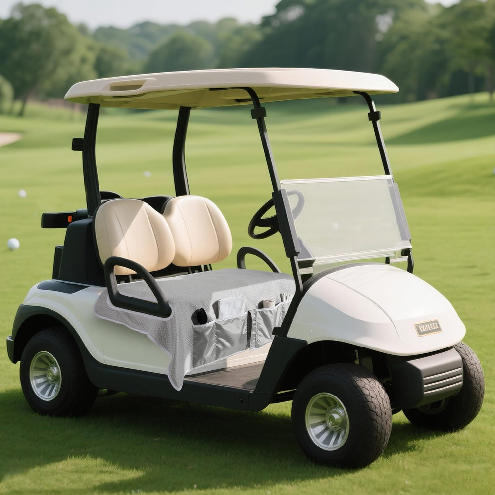MoKo lifestyle scene golfer sitting on covered cart seat for dry comfort