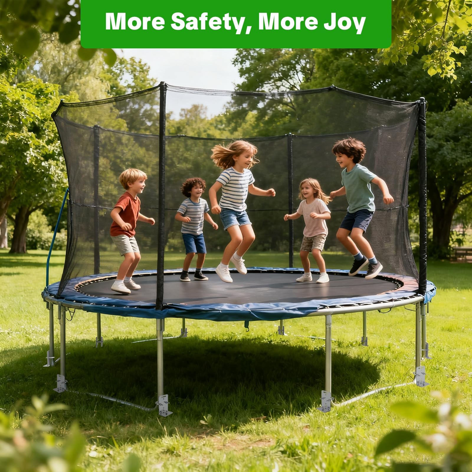 MOLANZ anchors securing a trampoline in backyard, providing stable wind resistance