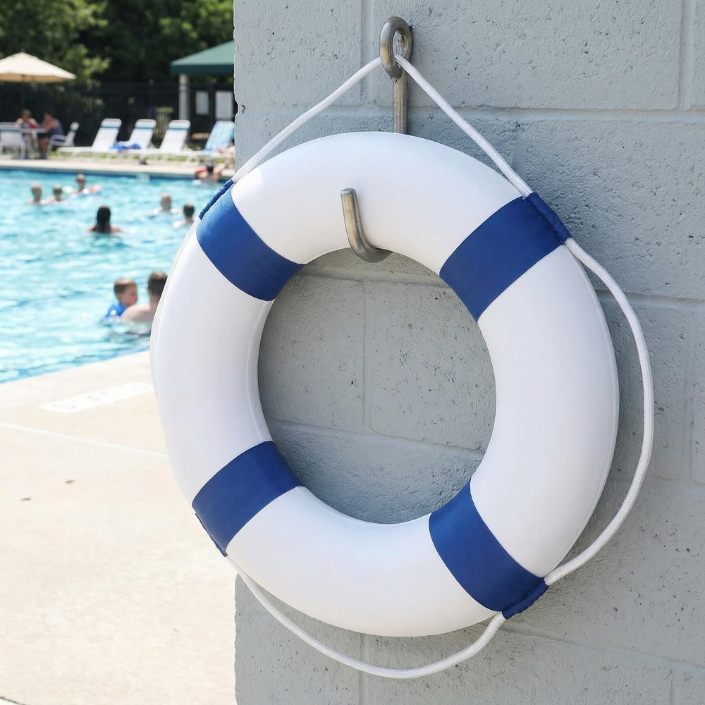 Momotata ring hanging on pool fence for fast retrieval and visible safety