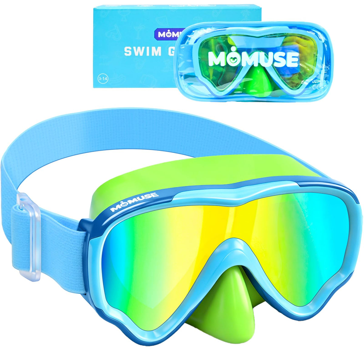 MOMUSE front view of kids goggles showing full frame and strap, clear fit benefit